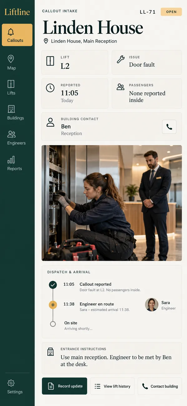 Liftline elevator callout app: engineer callout brief with the initial circumstances of the lift fault