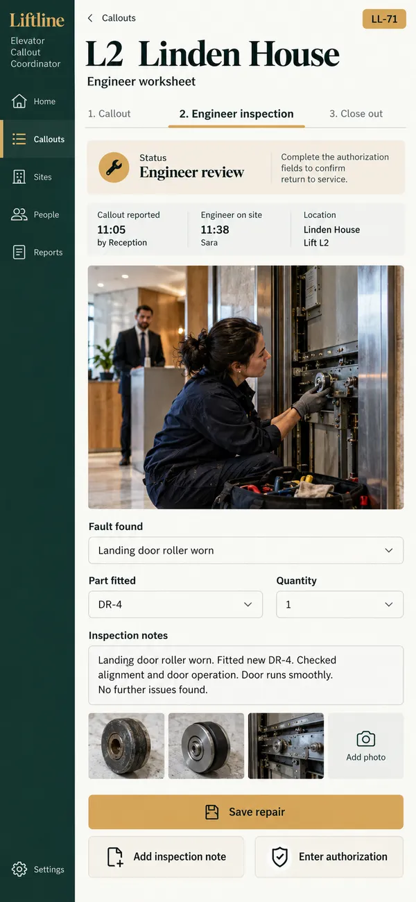 Liftline elevator callout app: repair evidence linked to the responsible engineer for the callout