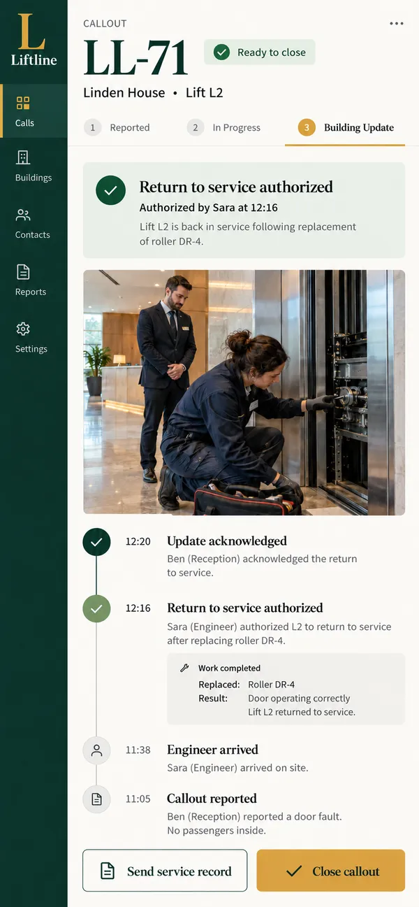 Liftline elevator callout app: the engineer's recorded lift status ready to share with building contacts