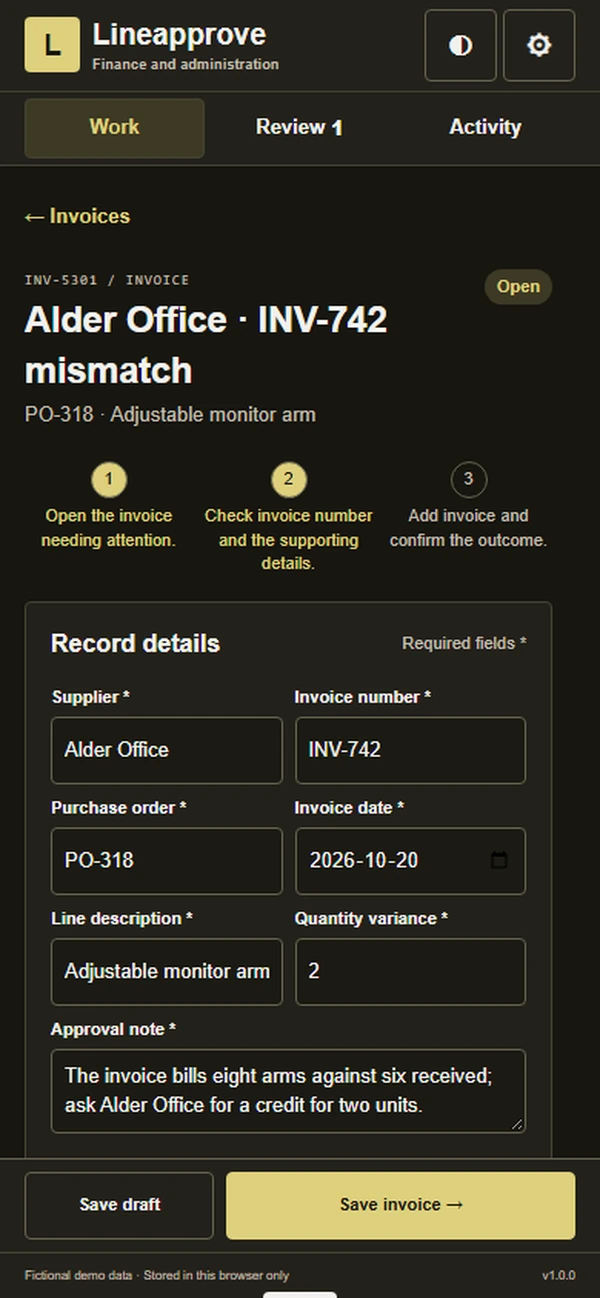 Lineapprove: editable business record and action