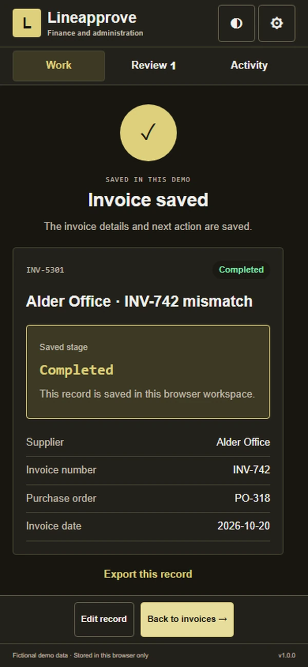 Lineapprove: saved result with recorded details
