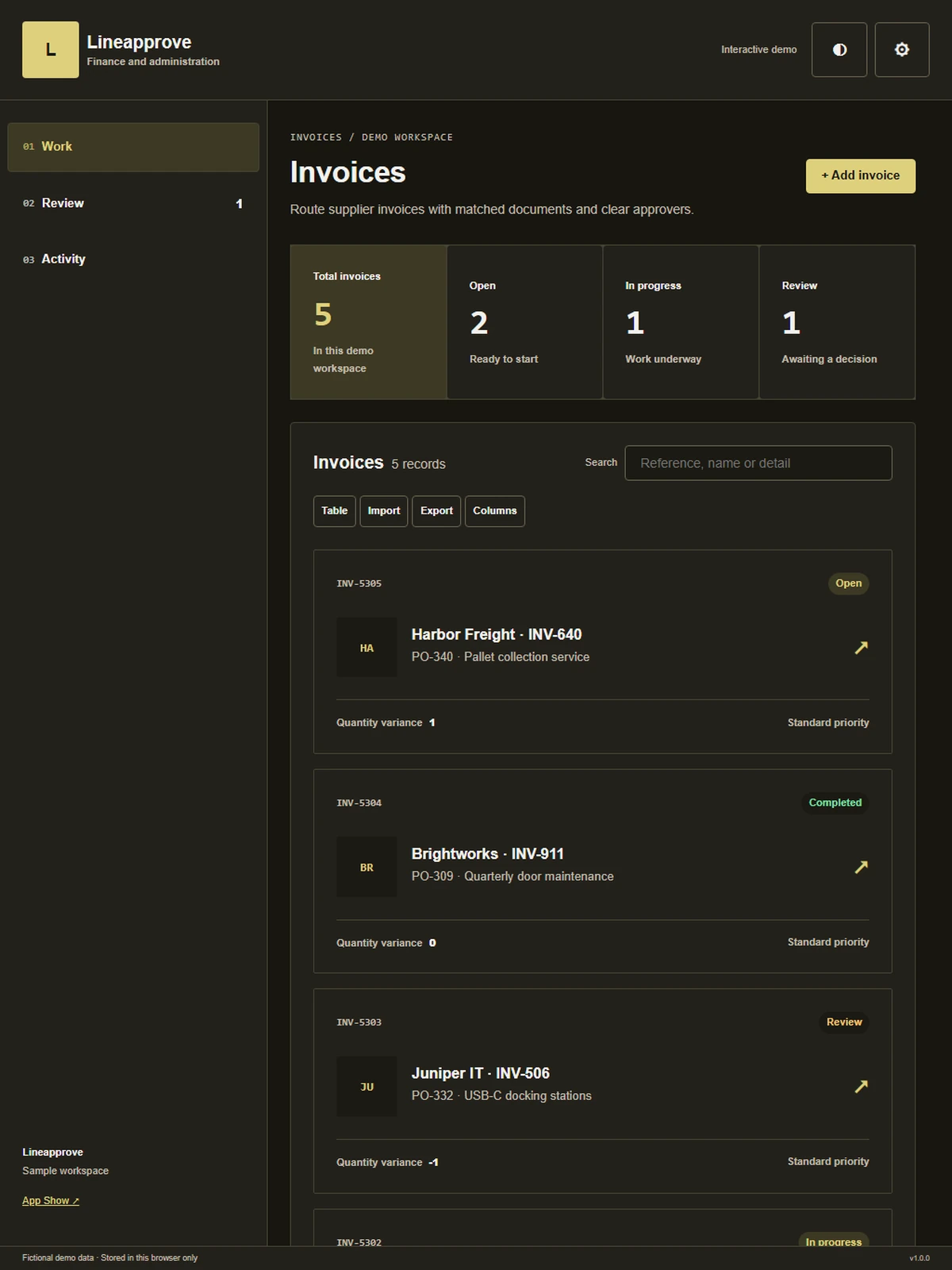 Lineapprove responsive tablet workspace with sample business records.