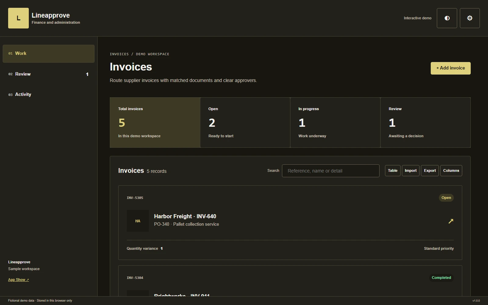 Lineapprove responsive pc workspace with sample business records.