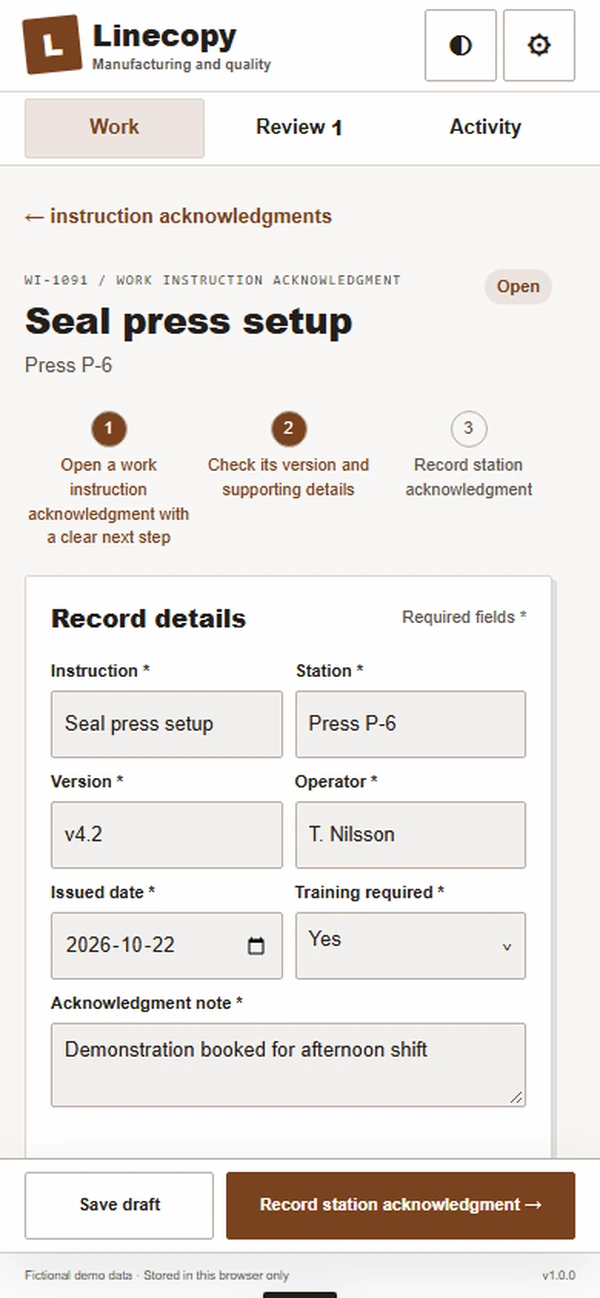 Linecopy: editable business record and action