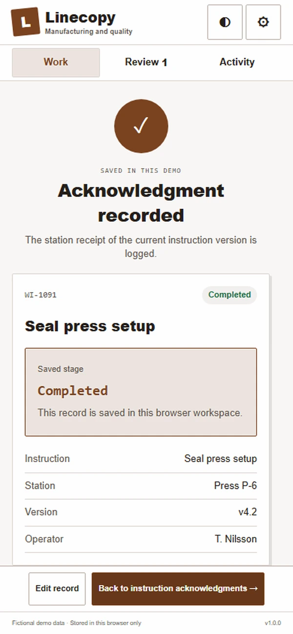 Linecopy: saved result with recorded details