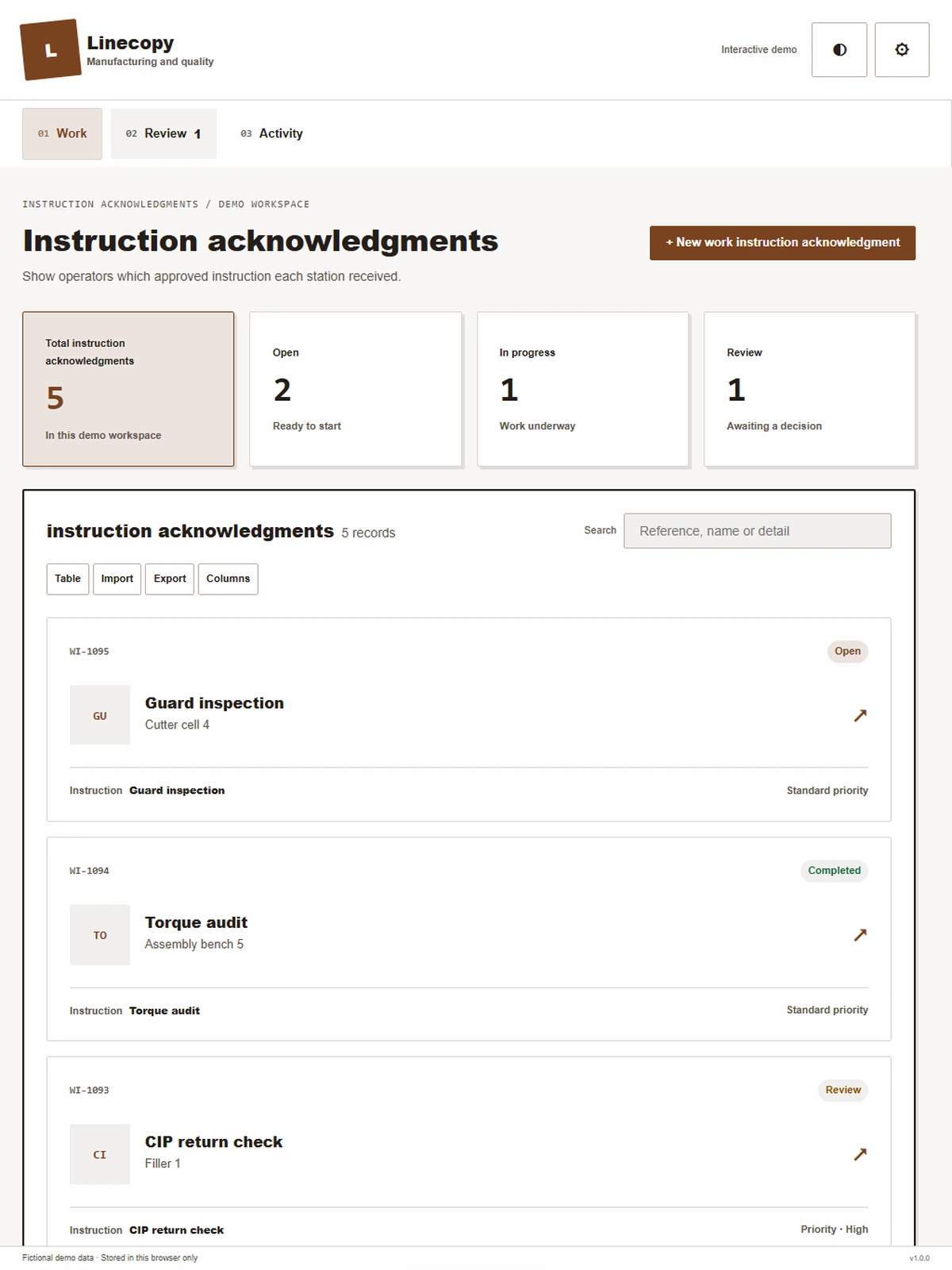 Linecopy responsive tablet workspace with sample business records.