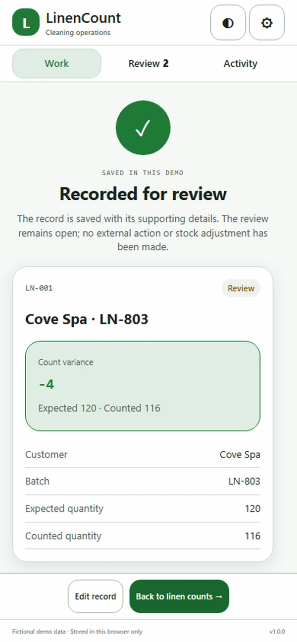 LinenCount: saved result with recorded details