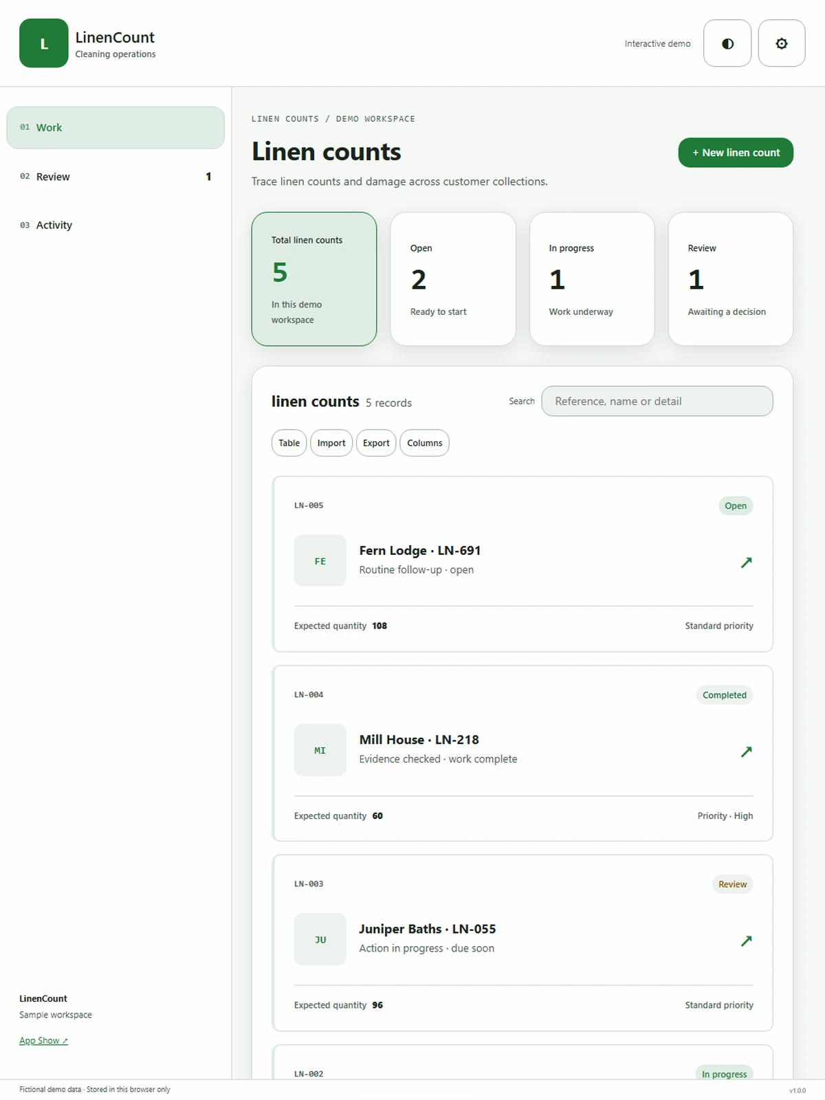 LinenCount responsive tablet workspace with sample business records.