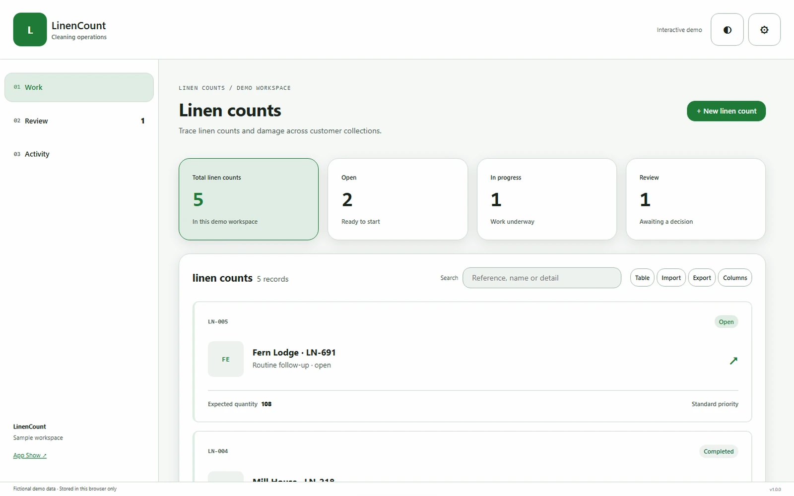 LinenCount responsive pc workspace with sample business records.