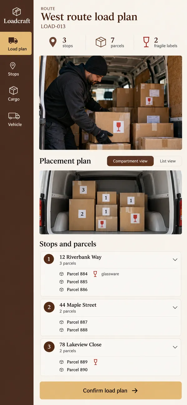 Loadcraft vehicle load planning app: cargo positions planned around the delivery stop sequence