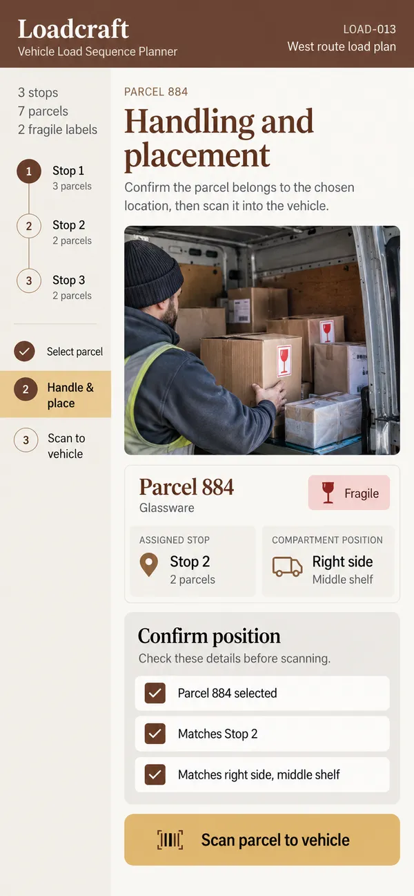 Loadcraft vehicle load planning app: handling constraints such as fragile parcels visible during loading