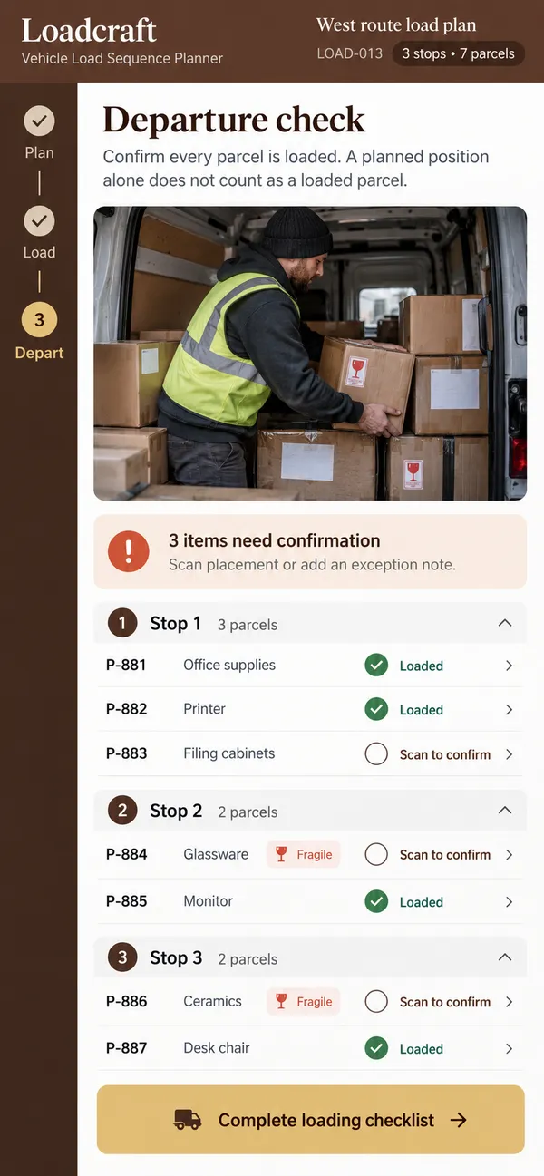 Loadcraft vehicle load planning app: the load released after scan verification of the parcels