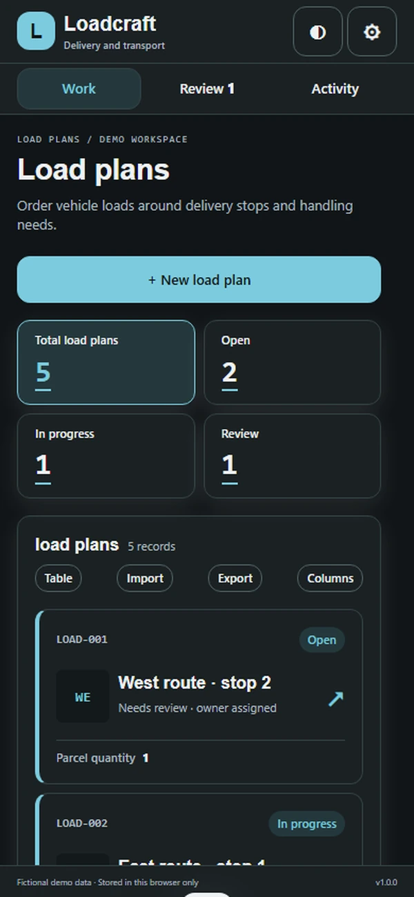 Loadcraft vehicle load planning app: cargo positions planned around the delivery stop sequence