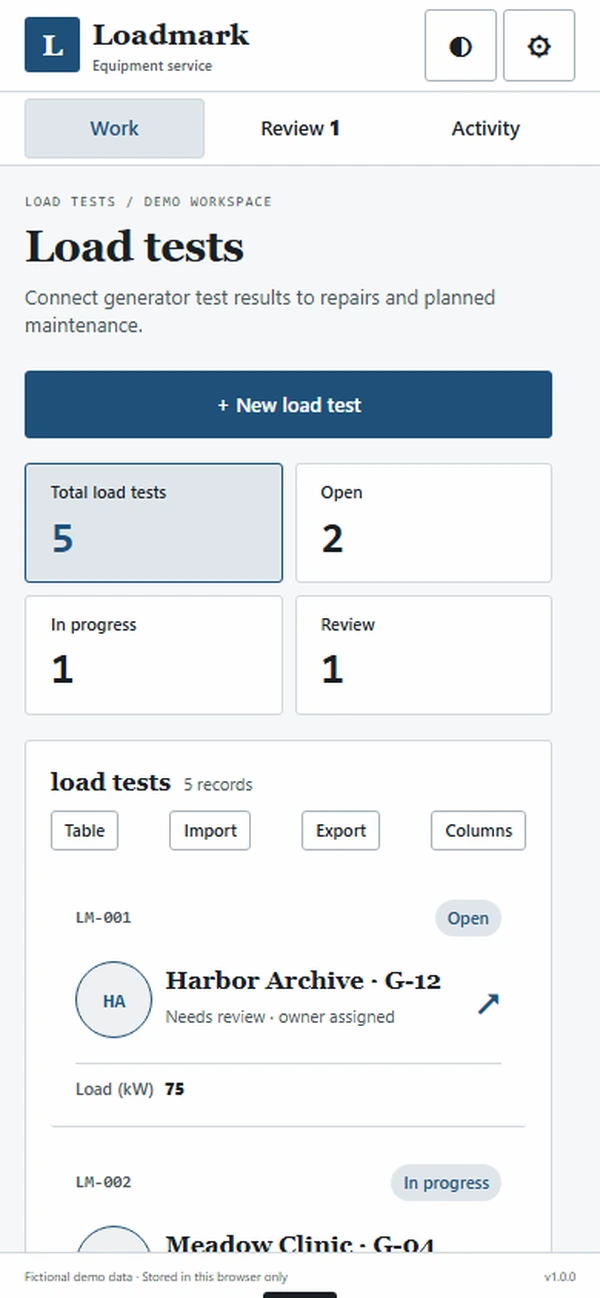 Loadmark generator testing app: visit preparation with the planned load test stages for a generator