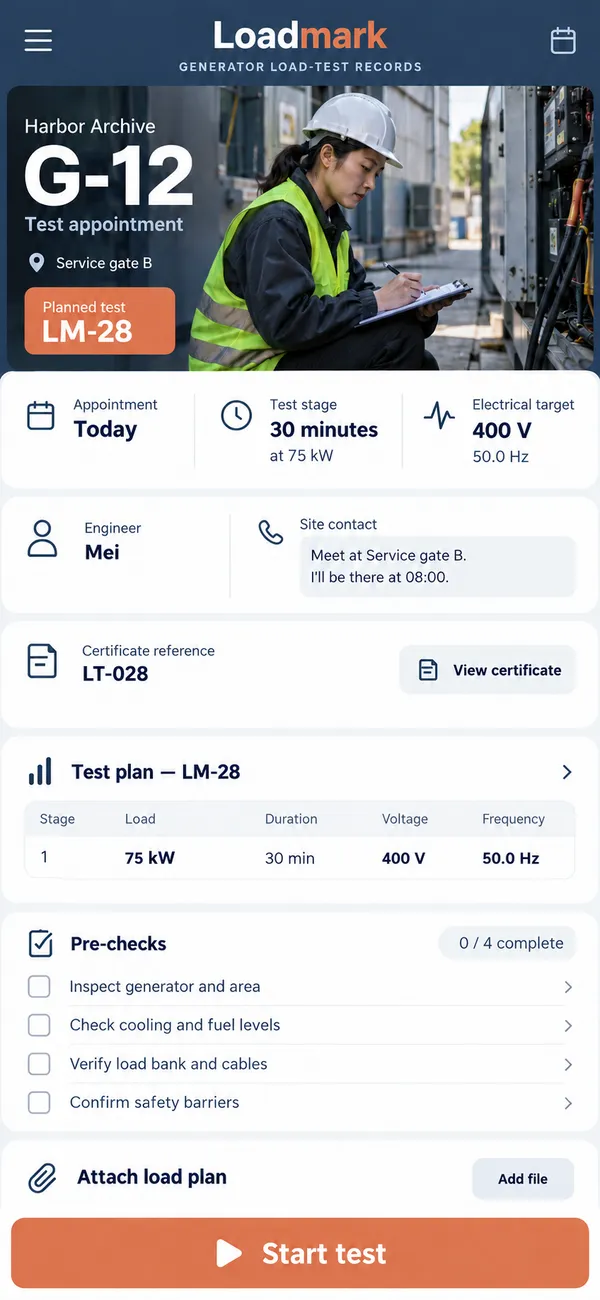 Loadmark generator testing app: visit preparation with the planned load test stages for a generator