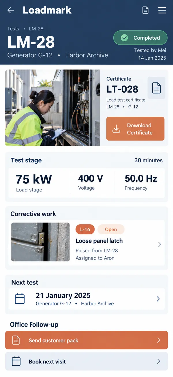Loadmark generator testing app: the test certificate shown next to unresolved repair work