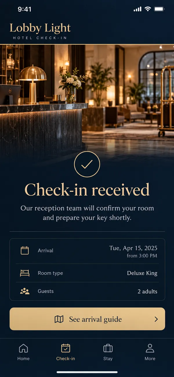 Lobby Light hotel check-in app: check-in received confirmation shown to the guest after booking code entry