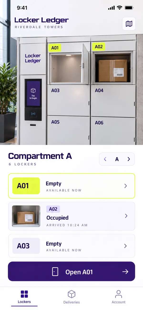 Locker Ledger parcel locker app: every compartment shown as empty, occupied or awaiting check