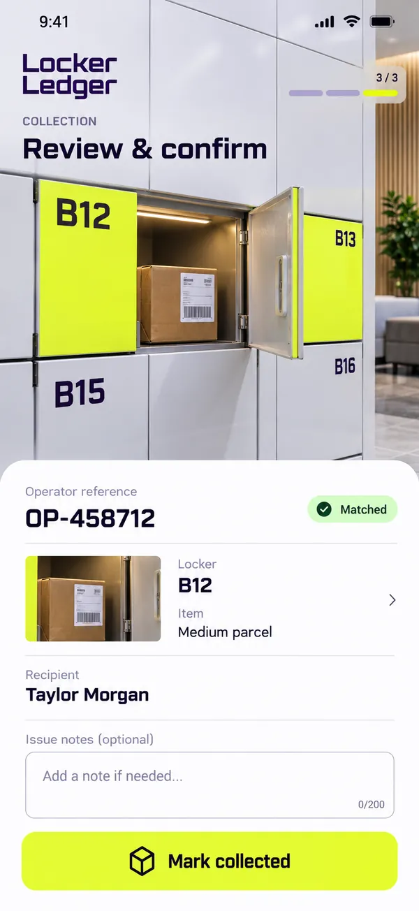 Locker Ledger parcel locker app: a collection and any exceptions reviewed