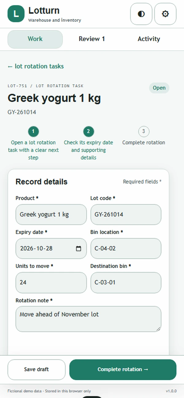 Lotturn: editable business record and action
