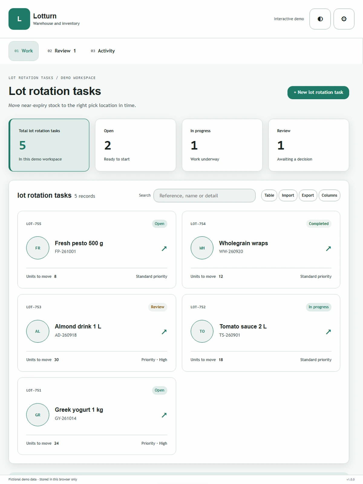 Lotturn responsive tablet workspace with sample business records.