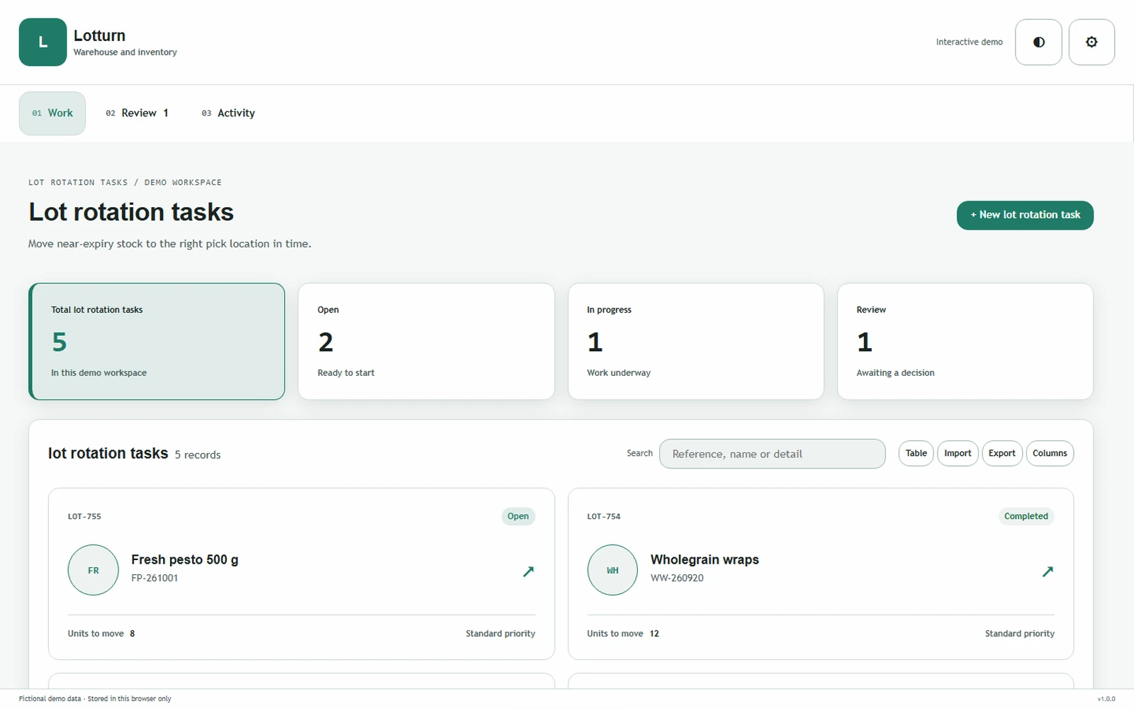 Lotturn responsive pc workspace with sample business records.