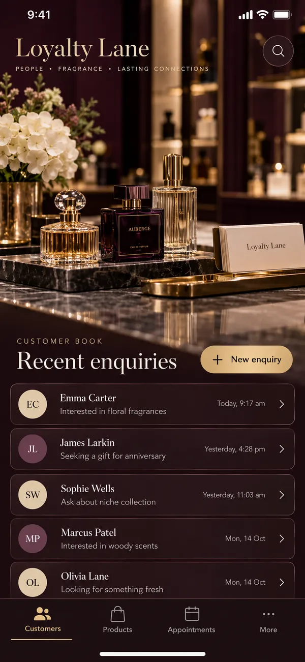 Loyalty Lane small shop customer app: a customer book browsed at a glance
