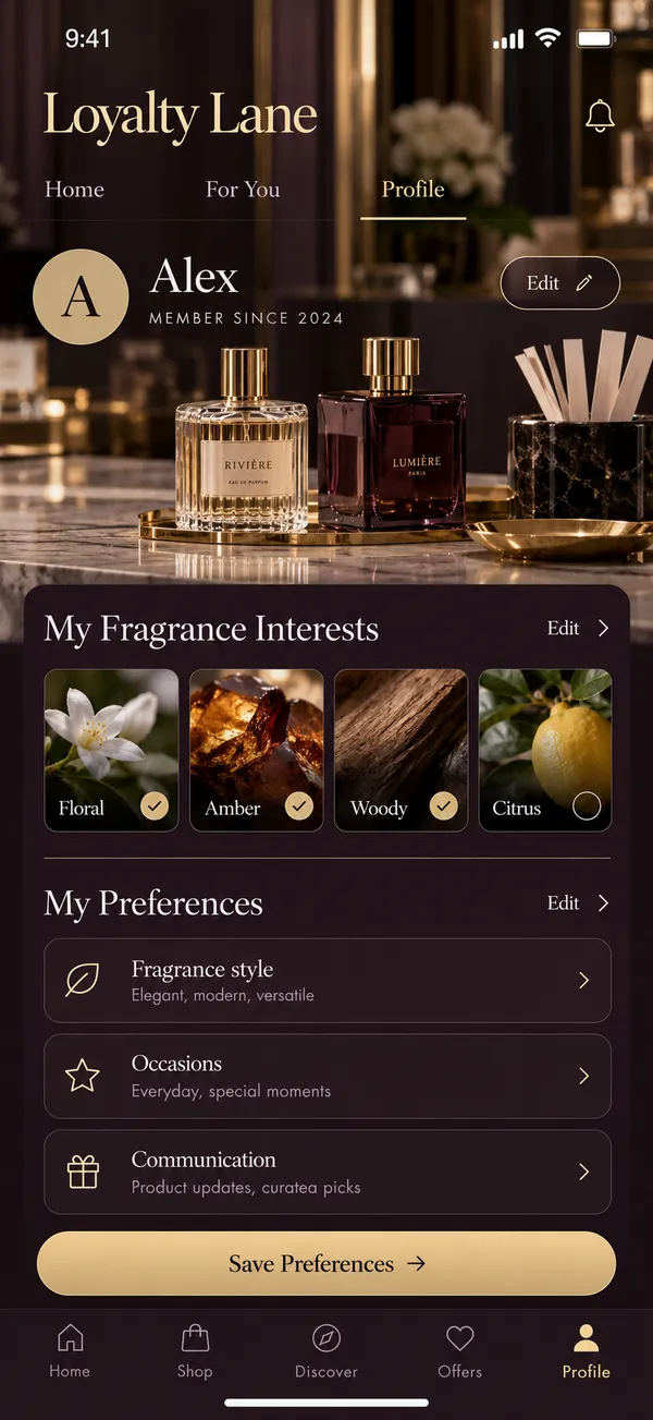 Loyalty Lane small shop customer app: a customer profile with chosen preferences and interests