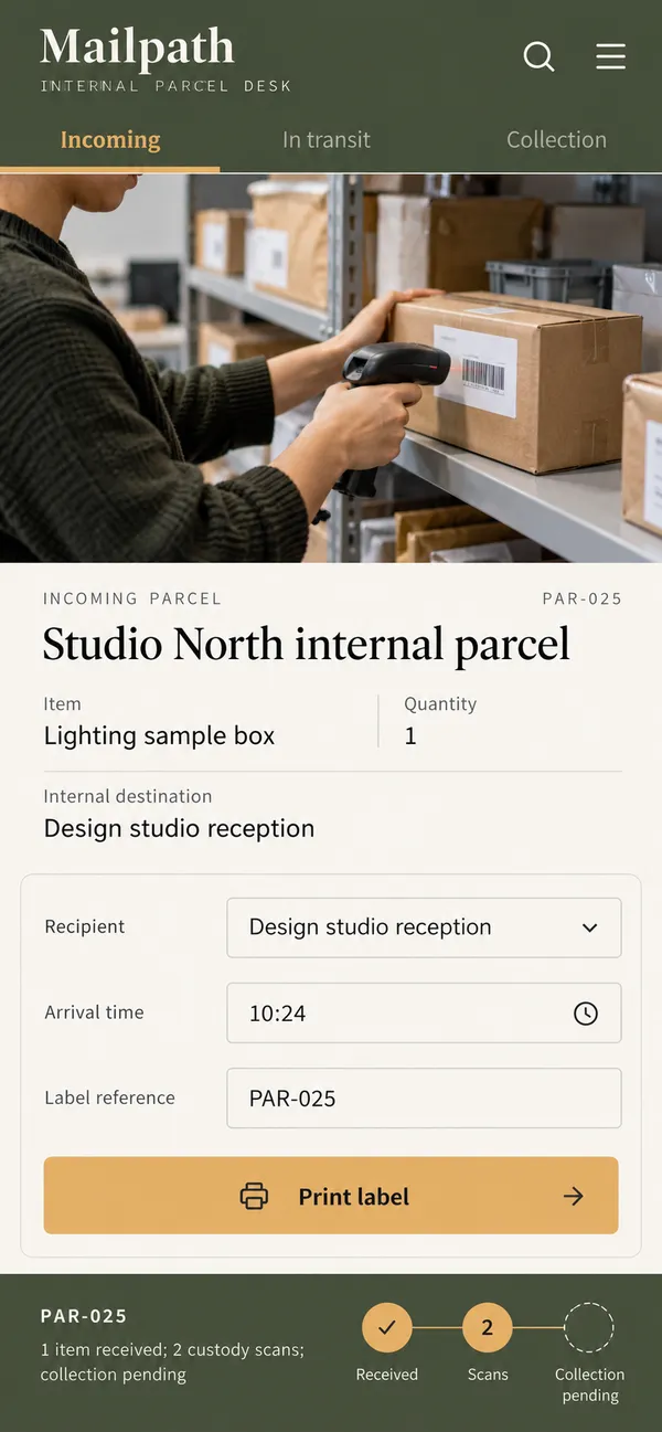 Mailpath mailroom parcel tracking app: a parcel identified at intake with its destination