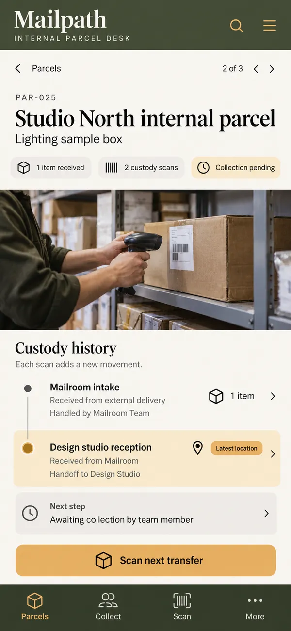Mailpath mailroom parcel tracking app: the parcel's chain of custody across handoffs