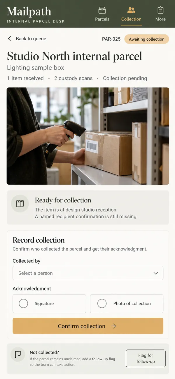 Mailpath mailroom parcel tracking app: collection closed out with the named recipient