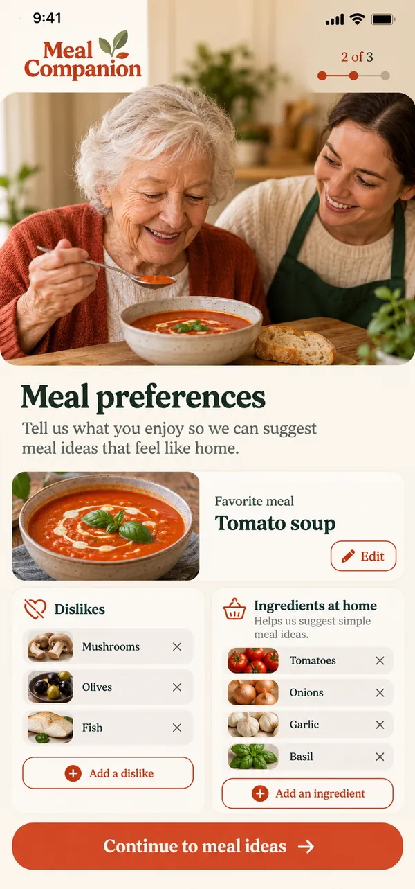 Keep food likes and dislikes in the meal profile.