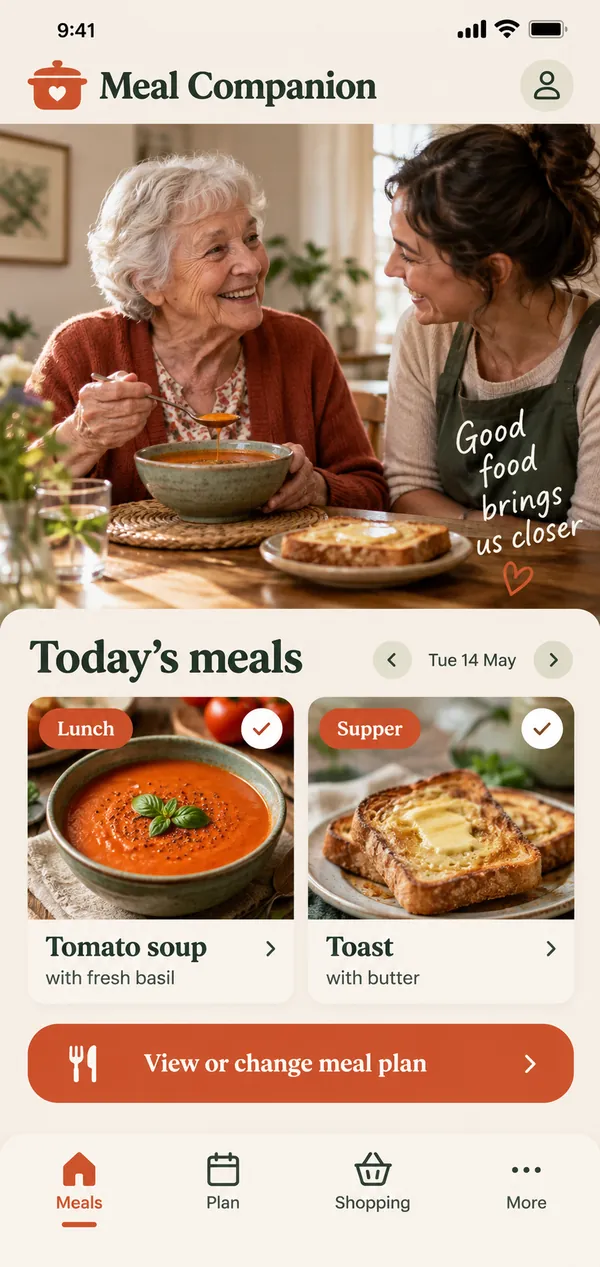 Meal Companion home care meal planning app: the person's planned meals for the week