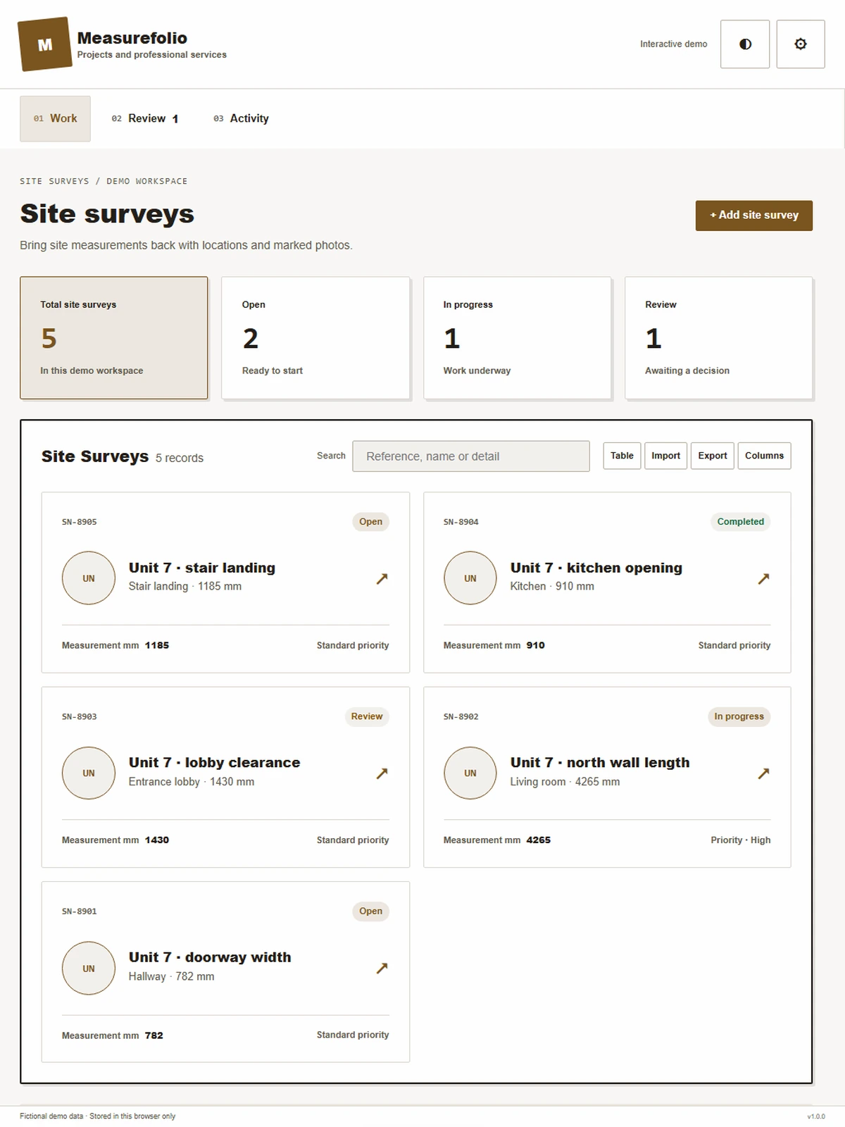 Measurefolio responsive tablet workspace with sample business records.