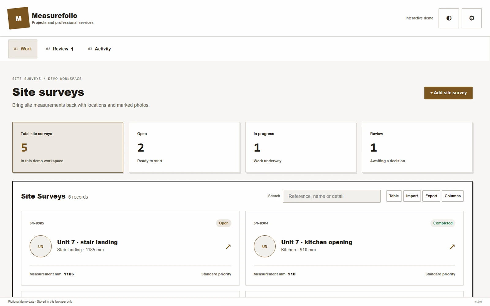 Measurefolio responsive pc workspace with sample business records.