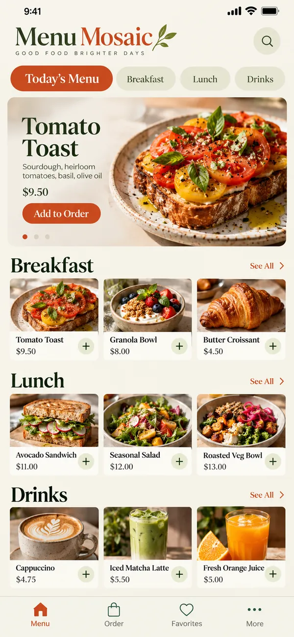 Menu Mosaic digital menu app: today's menu with photos, prices and descriptions