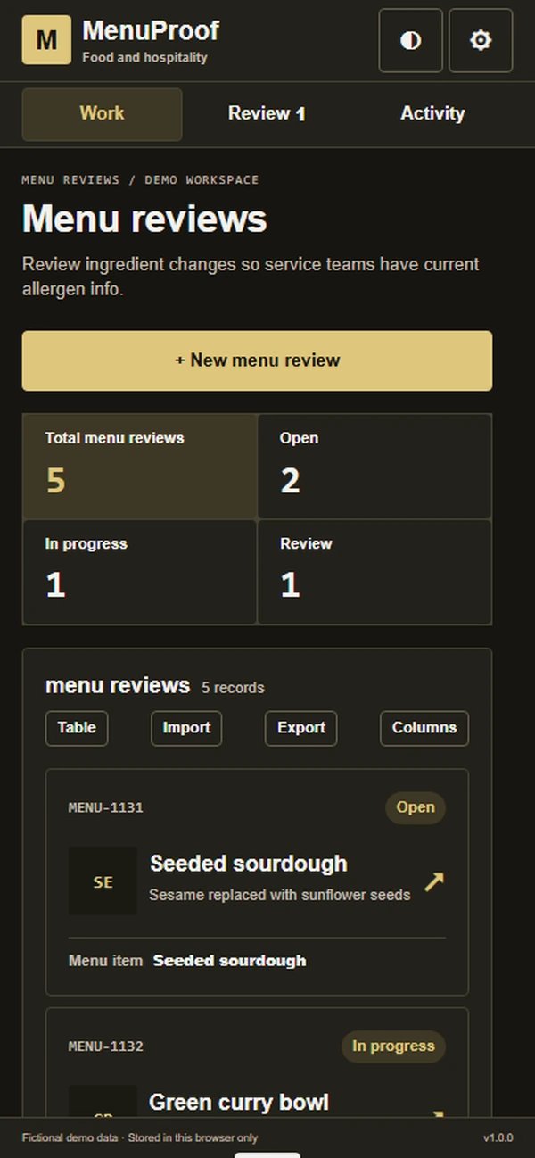 MenuProof: work queue with sample records