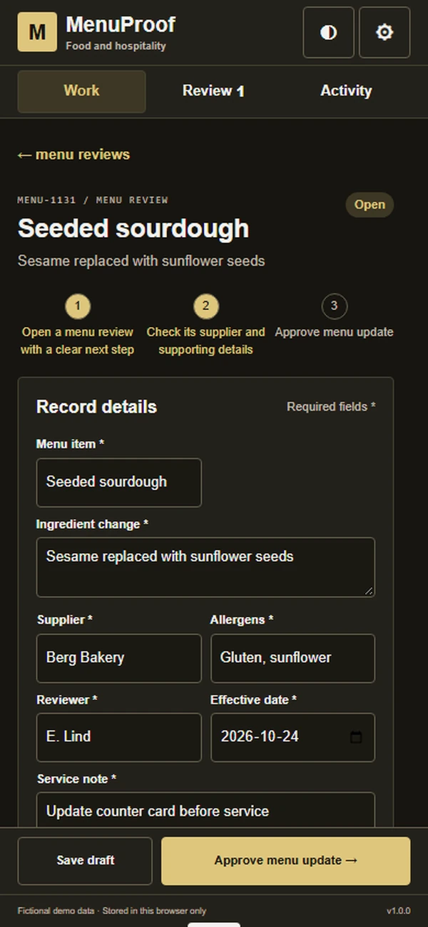 MenuProof: editable business record and action