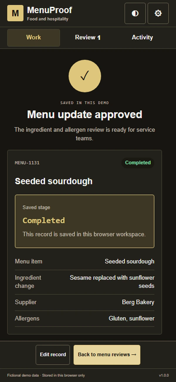 MenuProof: saved result with recorded details