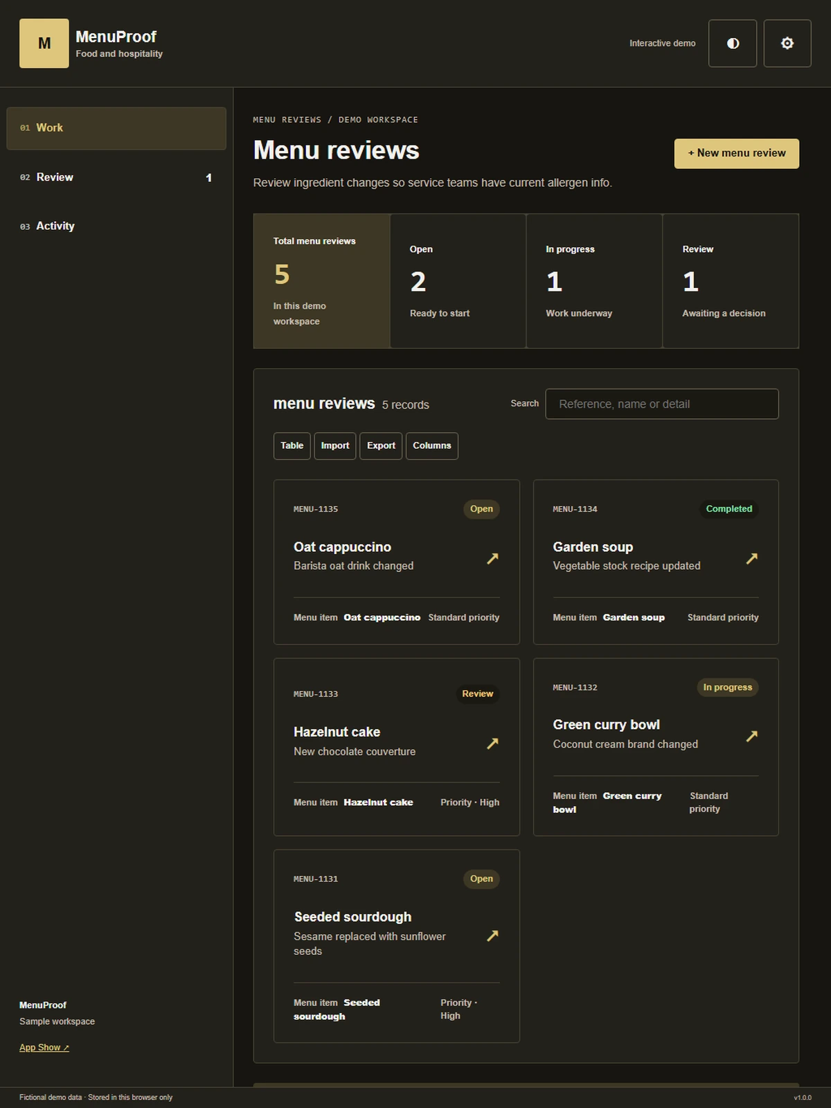 MenuProof responsive tablet workspace with sample business records.