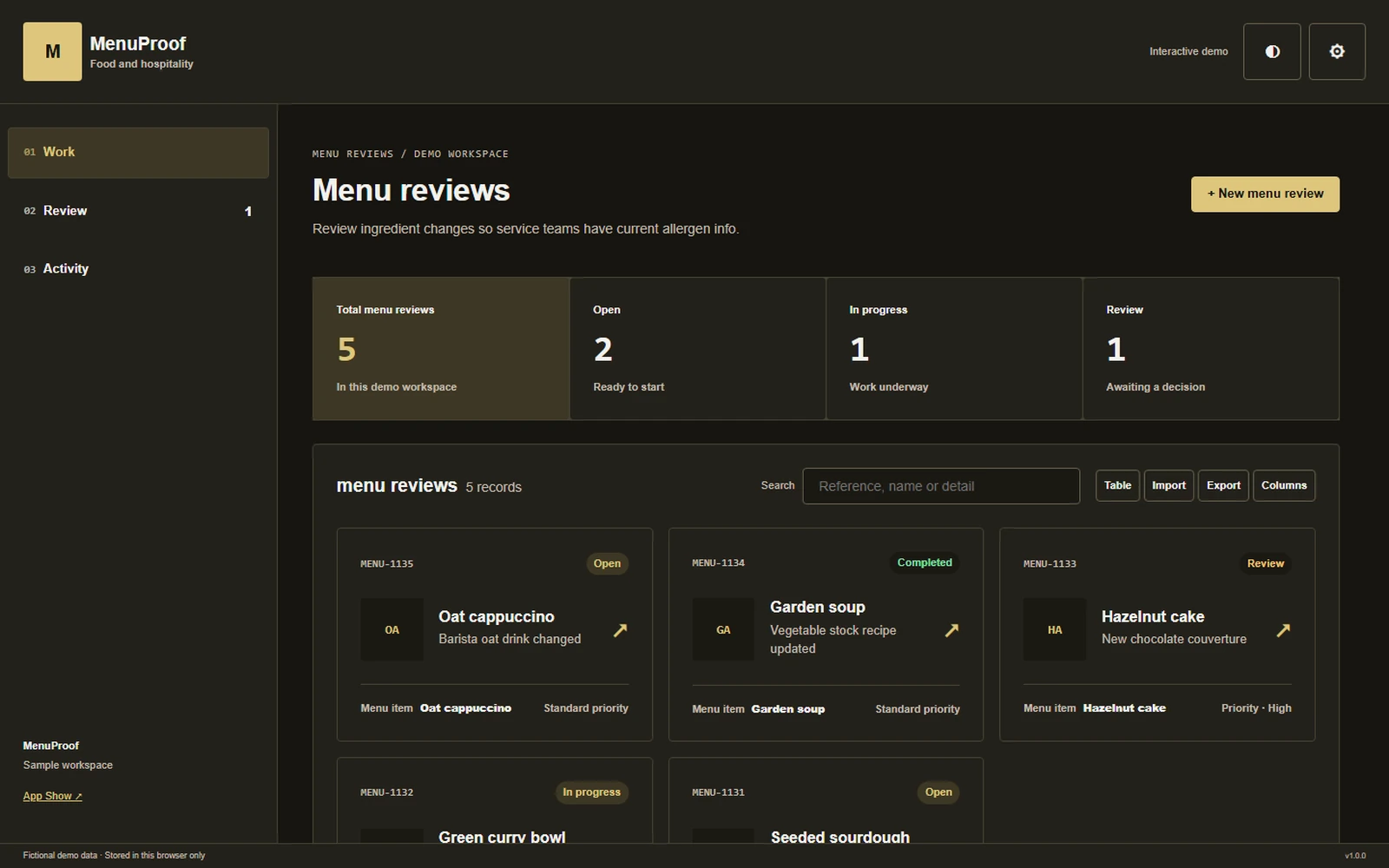 MenuProof responsive pc workspace with sample business records.