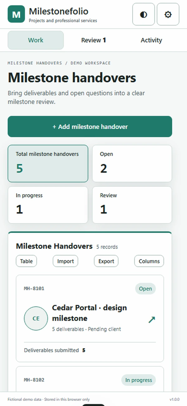 Milestonefolio: work queue with sample records
