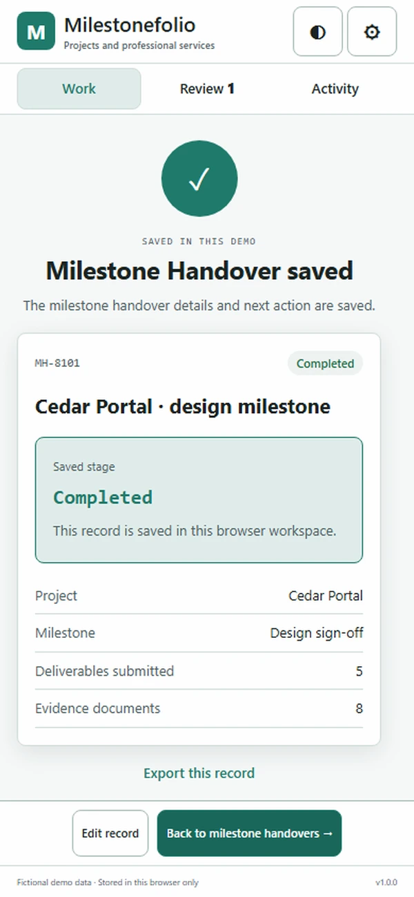 Milestonefolio: saved result with recorded details