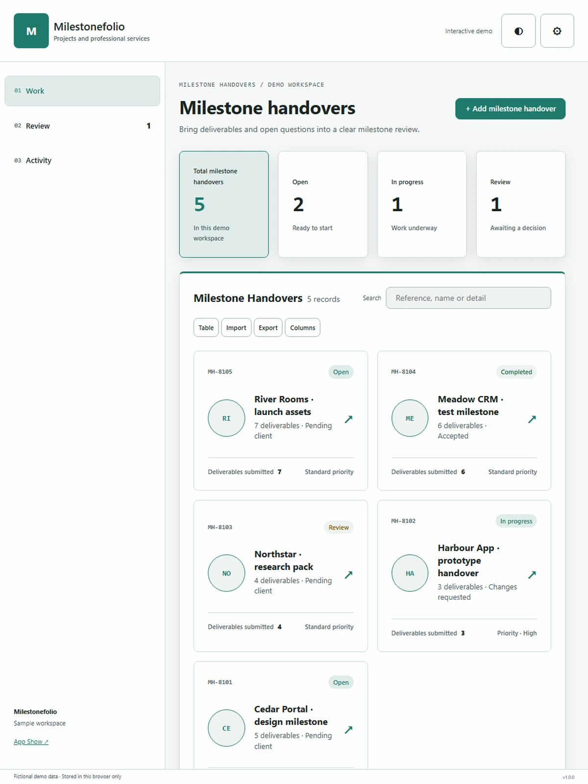 Milestonefolio responsive tablet workspace with sample business records.