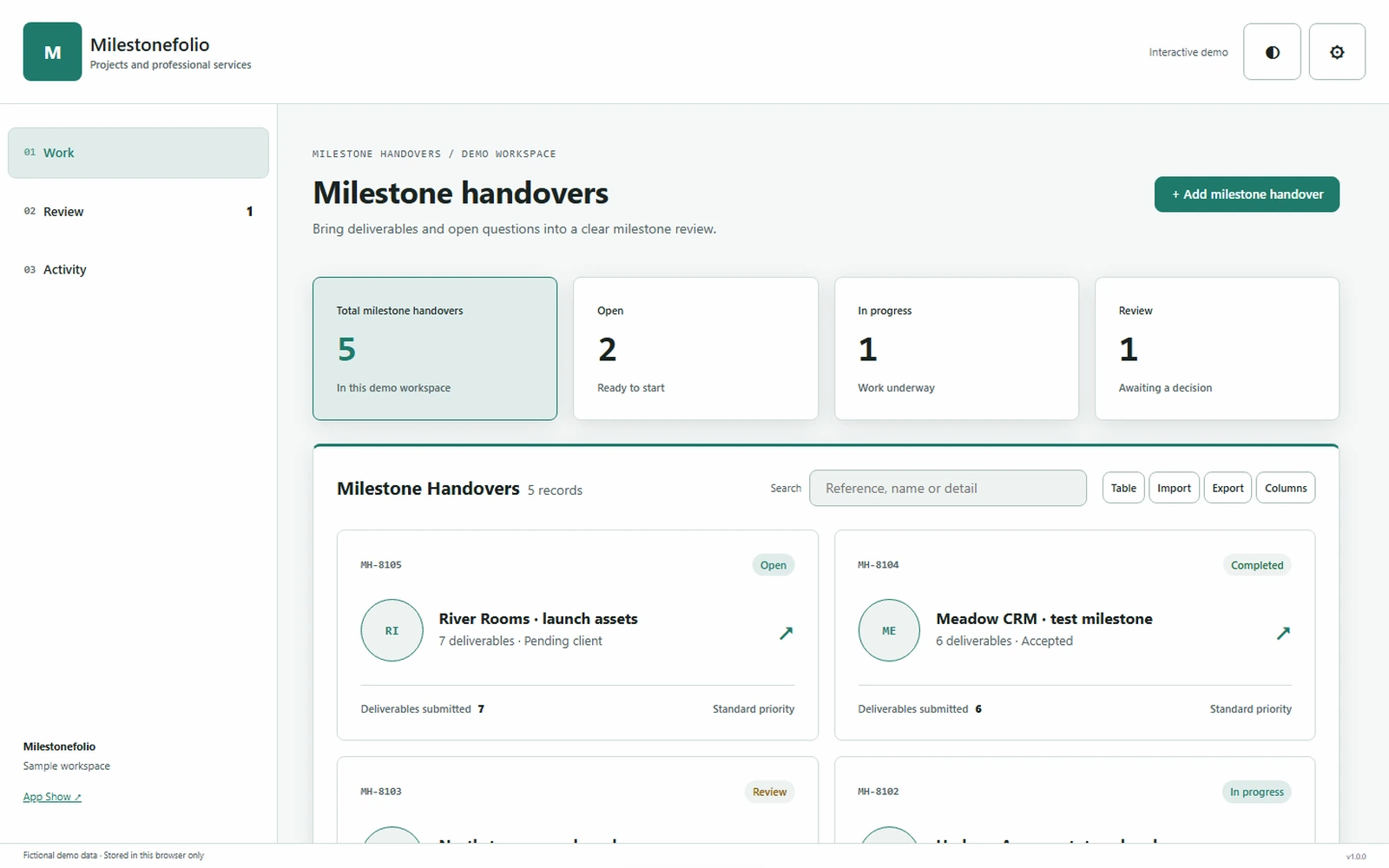 Milestonefolio responsive pc workspace with sample business records.
