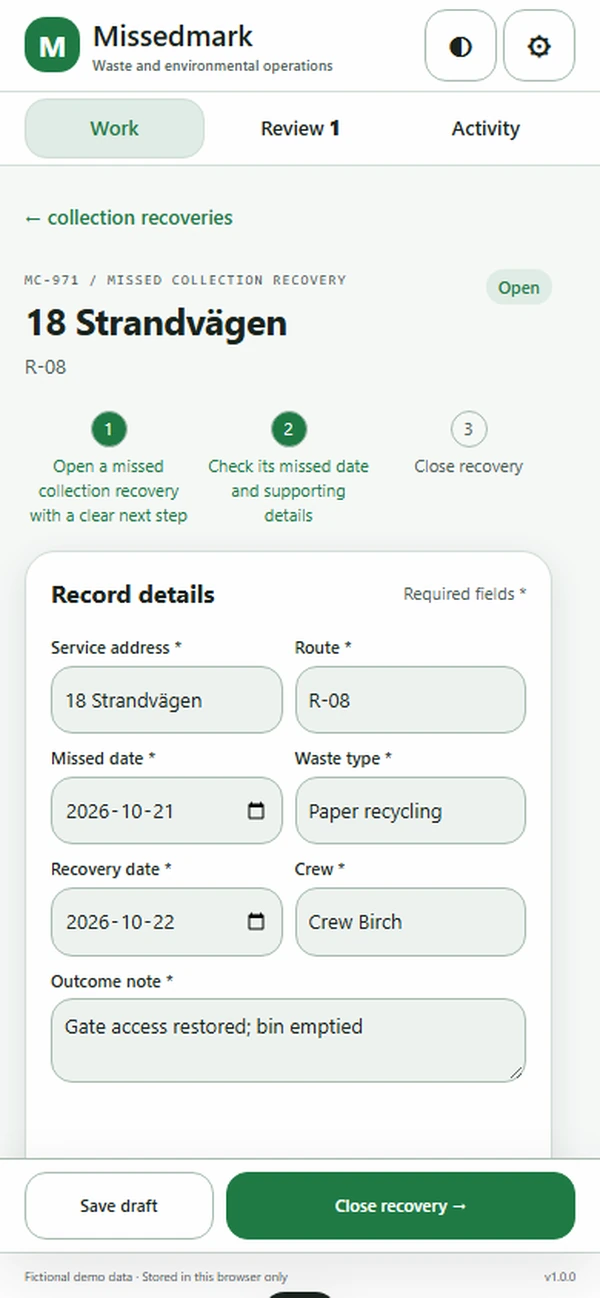 Missedmark: editable business record and action