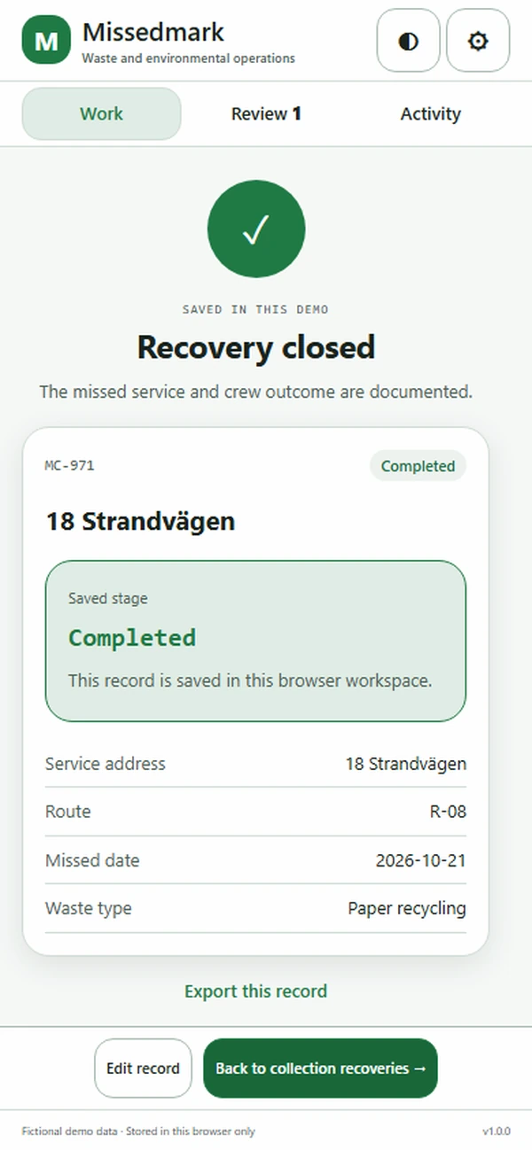 Missedmark: saved result with recorded details