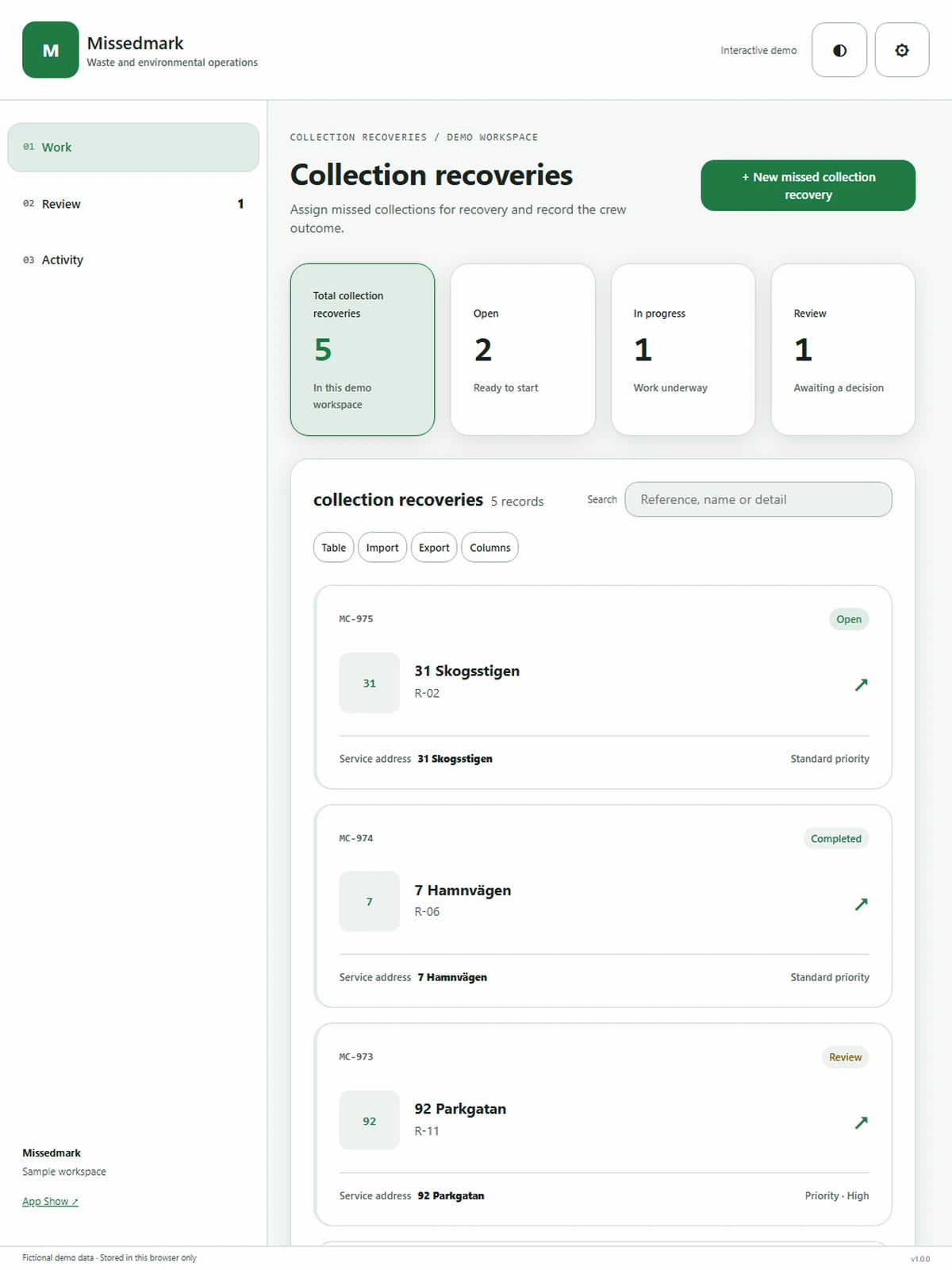 Missedmark responsive tablet workspace with sample business records.