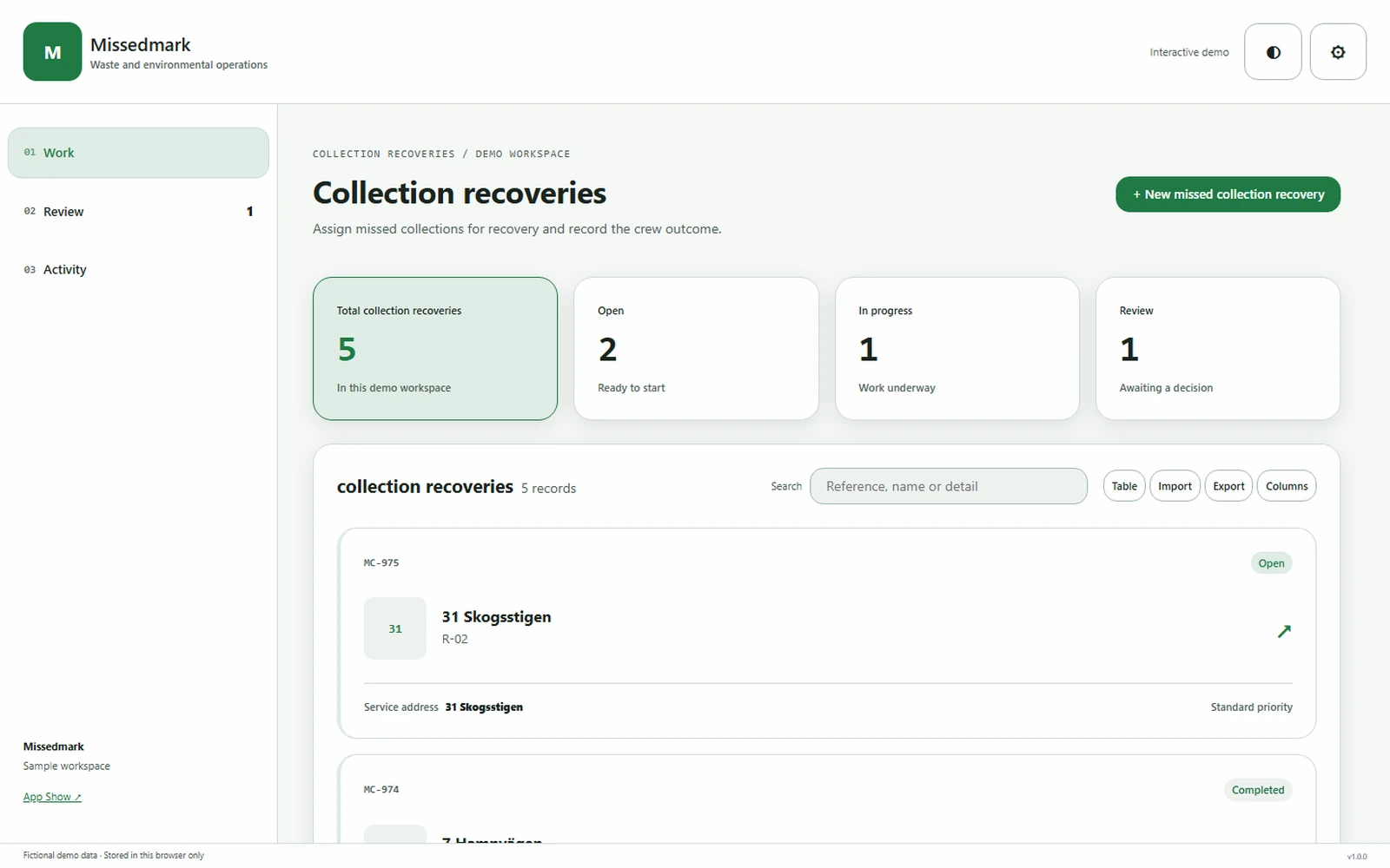 Missedmark responsive pc workspace with sample business records.