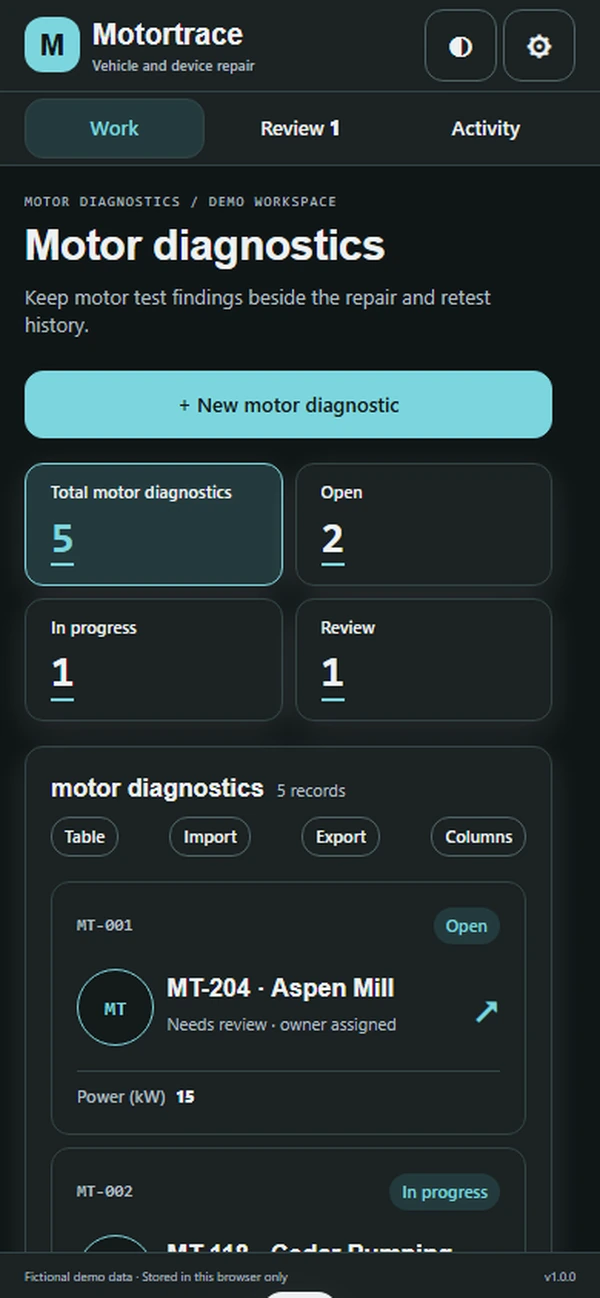 Motortrace motor repair workshop app: motor identity from the nameplate with its repair history